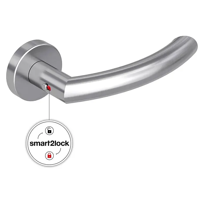 Diamond Doors Zimmertürgarnitur Wisconsin Smart2Lock rechts - Stärke Tür: 38 mm - 45 mm, L-Form, Edelstahl matt, DIN Anschlag: Rechts, Passend für: Türen ohne Schlüssellochbohrung, Türen mit Schlüssellochbohrung benötigen zusätzlich eine Blindrosette - Gebürsteter Edelstahl-Türgriff mit roter Verriegelungsanzeige und „smart2lock“-Funktionalität.
