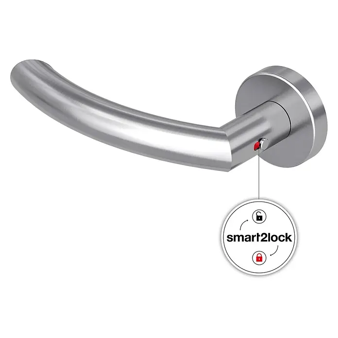 Diamond Doors Zimmertürgarnitur Wisconsin Smart2Lock links - Stärke Tür: 38 mm - 45 mm, L-Form, Edelstahl matt, DIN Anschlag: Links, Passend für: Türen ohne Schlüssellochbohrung, Türen mit Schlüssellochbohrung benötigen zusätzlich eine Blindrosette - Silberner Türgriff aus gebürstetem Metall mit rotem Knopf, der die smart2lock Funktion mit Entriegelungs-/Verriegelungssymbolen anzeigt.