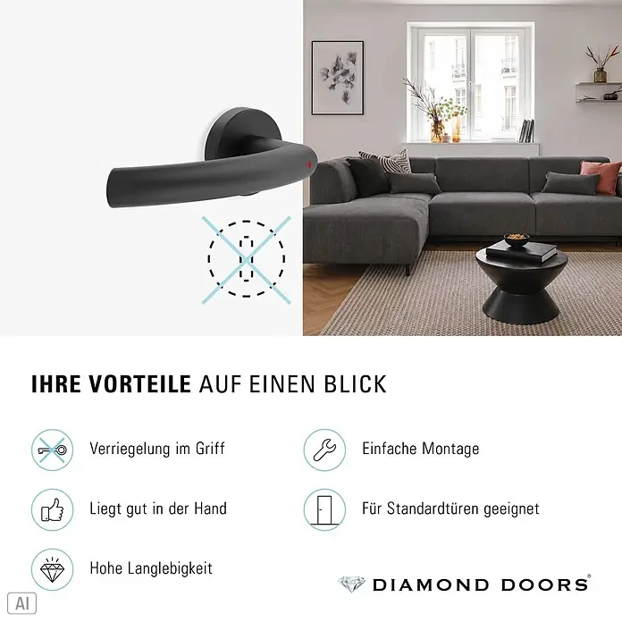 Diamond Doors Zimmertürgarnitur Wisconsin Smart2Lock links - Stärke Tür: 38 mm - 45 mm, L-Form, Schwarz, DIN Anschlag: Links, Passend für: Türen ohne Schlüssellochbohrung, Türen mit Schlüssellochbohrung benötigen zusätzlich eine Blindrosette - Matter schwarzer Türgriff mit modernem Design und integriertem Verriegelungsmechanismus, in einem modernen Wohnambiente gezeigt.