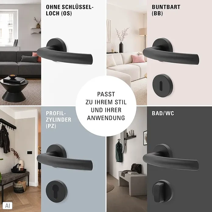 Diamond Doors Zimmertürgarnitur Wisconsin Smart2Lock links - Stärke Tür: 38 mm - 45 mm, L-Form, Schwarz, DIN Anschlag: Links, Passend für: Türen ohne Schlüssellochbohrung, Türen mit Schlüssellochbohrung benötigen zusätzlich eine Blindrosette - Kollage schwarzer Türdrücker in vier Schließvarianten (ohne Schlüsselloch, Buntbart, Profilzylinder, WC-Verriegelung) für verschiedene Raumtypen und Stile.
