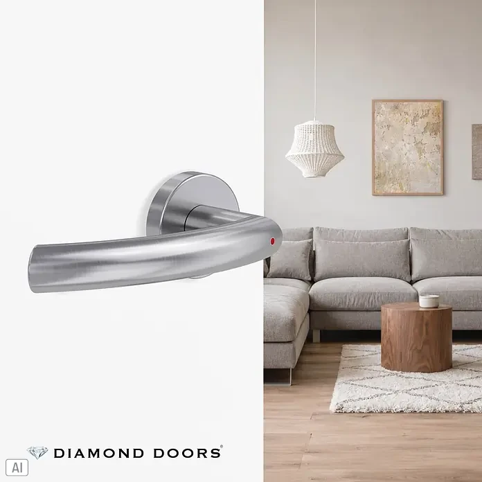 Diamond Doors Zimmertürgarnitur Wisconsin Smart2Lock links - Stärke Tür: 38 mm - 45 mm, L-Form, Edelstahl matt, DIN Anschlag: Links, Passend für: Türen ohne Schlüssellochbohrung, Türen mit Schlüssellochbohrung benötigen zusätzlich eine Blindrosette - Gebürsteter silberner Türgriff mit elegantem Design und rotem Punkt.