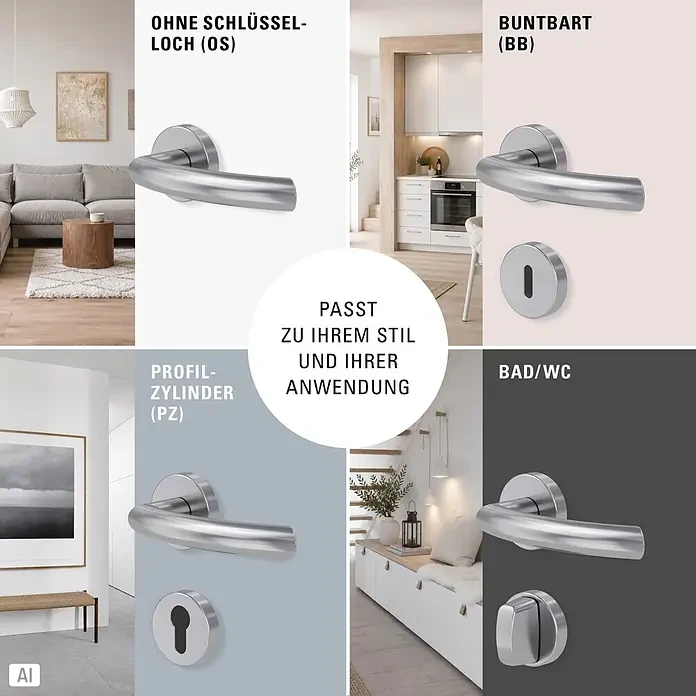 Diamond Doors Zimmertürgarnitur Wisconsin Smart2Lock rechts - Stärke Tür: 38 mm - 45 mm, L-Form, Edelstahl matt, DIN Anschlag: Rechts, Passend für: Türen ohne Schlüssellochbohrung, Türen mit Schlüssellochbohrung benötigen zusätzlich eine Blindrosette - Set silberner Türdrücker, zeigt vier Varianten: ohne Schlüsselloch, Buntbart, Profilzylinder und Bad/WC-Verriegelung.