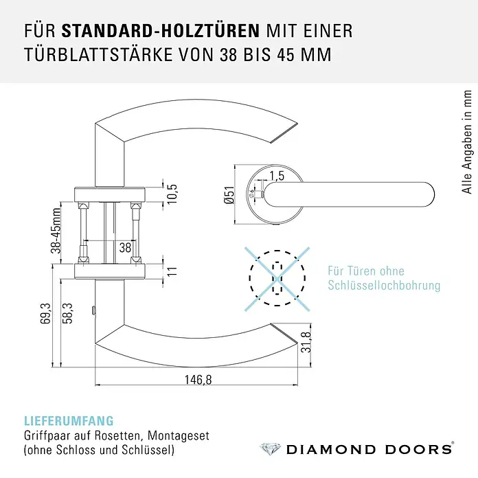 Diamond Doors Zimmertürgarnitur Wisconsin Smart2Lock rechts - Stärke Tür: 38 mm - 45 mm, L-Form, Edelstahl matt, DIN Anschlag: Rechts, Passend für: Türen ohne Schlüssellochbohrung, Türen mit Schlüssellochbohrung benötigen zusätzlich eine Blindrosette - Technische Zeichnung eines Türdrückerpaars auf Rosetten, passend für Standard-Holztüren mit einer Türblattstärke von 38 bis 45 mm, ohne Schlüssellochbohrung.