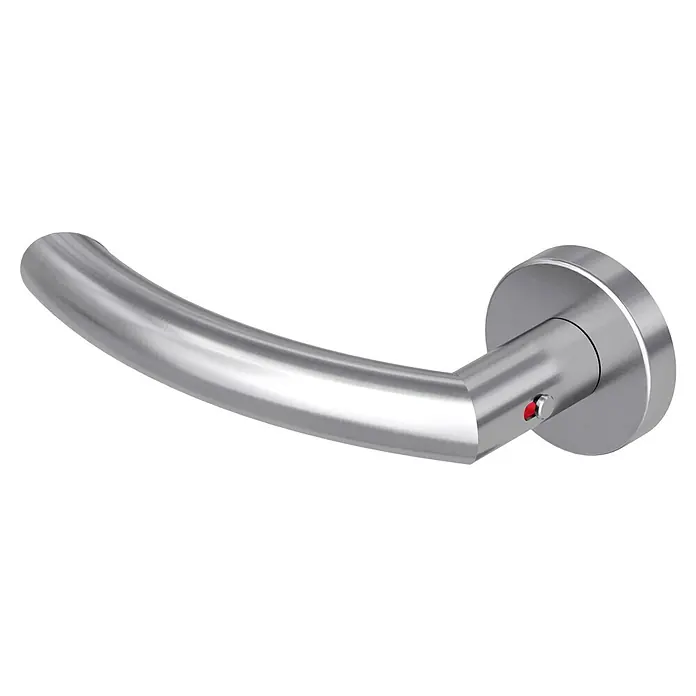 Diamond Doors Zimmertürgarnitur Wisconsin Smart2Lock links - Stärke Tür: 38 mm - 45 mm, L-Form, Edelstahl matt, DIN Anschlag: Links, Passend für: Türen ohne Schlüssellochbohrung, Türen mit Schlüssellochbohrung benötigen zusätzlich eine Blindrosette - Gebürsteter Edelstahl-Türgriff mit geschwungenem Hebel und roter Anzeige.