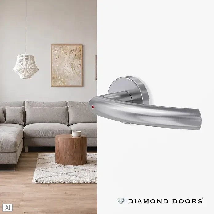 Diamond Doors Zimmertürgarnitur Wisconsin Smart2Lock rechts - Stärke Tür: 38 mm - 45 mm, L-Form, Edelstahl matt, DIN Anschlag: Rechts, Passend für: Türen ohne Schlüssellochbohrung, Türen mit Schlüssellochbohrung benötigen zusätzlich eine Blindrosette - Türgriff aus gebürstetem Edelstahl mit rotem Indikatorpunkt.