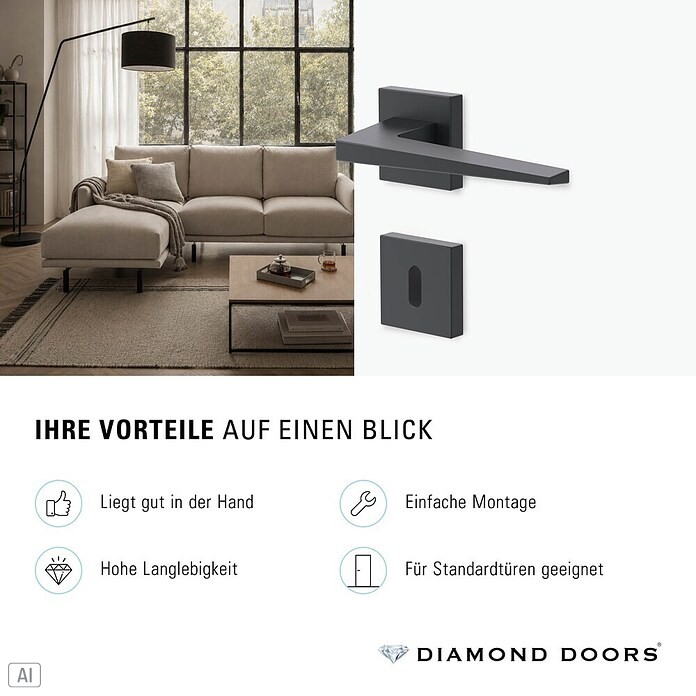 Diamond Doors Zimmertürgarnitur (Türstärke: 40 - 45 mm, Buntbart BB, Anthrazit)