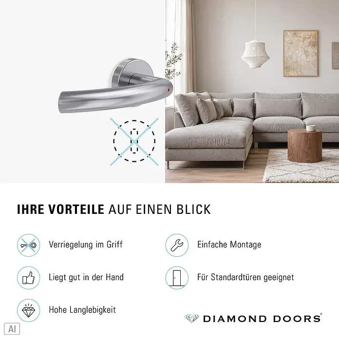 Diamond Doors Zimmertürgarnitur Wisconsin Smart2Lock links - Stärke Tür: 38 mm - 45 mm, L-Form, Edelstahl matt, DIN Anschlag: Links, Passend für: Türen ohne Schlüssellochbohrung, Türen mit Schlüssellochbohrung benötigen zusätzlich eine Blindrosette - Gebürsteter Edelstahl-Türgriff mit roter Verriegelungsanzeige, für Standardtüren geeignet und im Wohnambiente gezeigt.