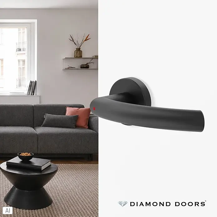 Diamond Doors Zimmertürgarnitur Wisconsin Smart2Lock rechts - Stärke Tür: 38 mm - 45 mm, L-Form, Schwarz, DIN Anschlag: Rechts, Passend für: Türen ohne Schlüssellochbohrung, Türen mit Schlüssellochbohrung benötigen zusätzlich eine Blindrosette - Elegante, mattschwarze Türklinke mit kleiner roter Anzeige.