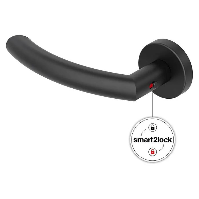 Diamond Doors Zimmertürgarnitur Wisconsin Smart2Lock links - Stärke Tür: 38 mm - 45 mm, L-Form, Schwarz, DIN Anschlag: Links, Passend für: Türen ohne Schlüssellochbohrung, Türen mit Schlüssellochbohrung benötigen zusätzlich eine Blindrosette - Schwarzer Türgriff mit rotem Knopf und smart2lock-Funktionsanzeige für verriegelt/entriegelt.