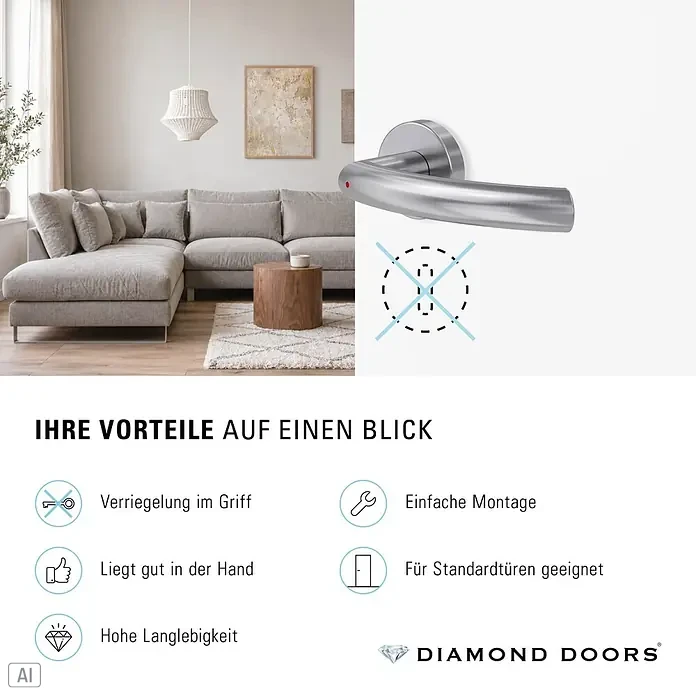 Diamond Doors Zimmertürgarnitur Wisconsin Smart2Lock rechts - Stärke Tür: 38 mm - 45 mm, L-Form, Edelstahl matt, DIN Anschlag: Rechts, Passend für: Türen ohne Schlüssellochbohrung, Türen mit Schlüssellochbohrung benötigen zusätzlich eine Blindrosette - Türklinke aus mattem Edelstahl mit roter Verriegelungsanzeige, präsentiert in einem modernen Wohnambiente.