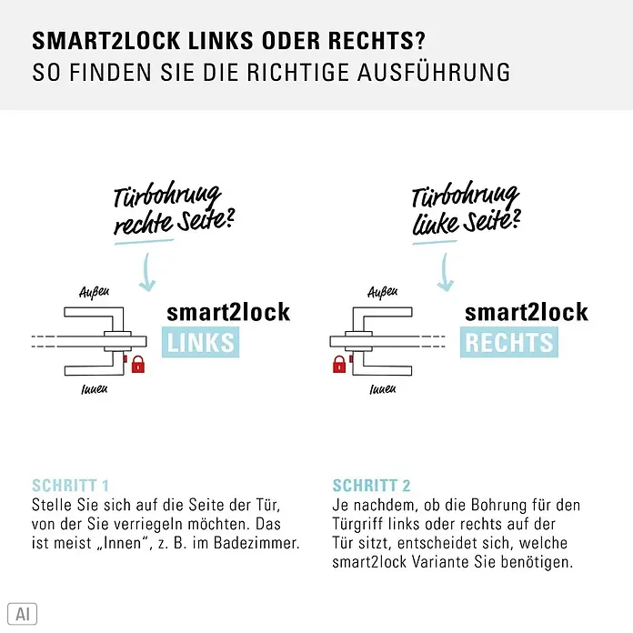 Diamond Doors Zimmertürgarnitur Wisconsin Smart2Lock rechts - Stärke Tür: 38 mm - 45 mm, L-Form, Edelstahl matt, DIN Anschlag: Rechts, Passend für: Türen ohne Schlüssellochbohrung, Türen mit Schlüssellochbohrung benötigen zusätzlich eine Blindrosette - Anleitung zur Auswahl der smart2lock Türgriffvariante (links/rechts) basierend auf Verriegelungsseite und Griffausrichtung.