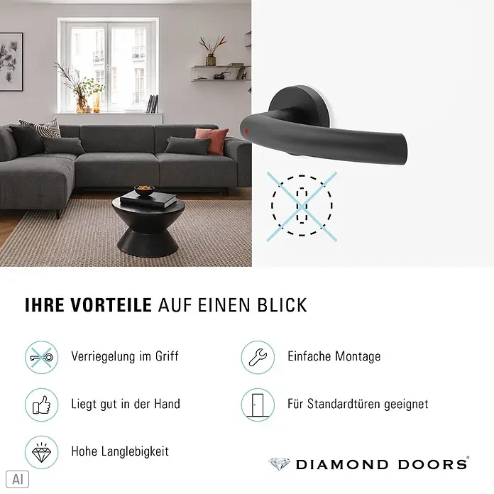 Diamond Doors Zimmertürgarnitur Wisconsin Smart2Lock rechts - Stärke Tür: 38 mm - 45 mm, L-Form, Schwarz, DIN Anschlag: Rechts, Passend für: Türen ohne Schlüssellochbohrung, Türen mit Schlüssellochbohrung benötigen zusätzlich eine Blindrosette - Schwarzer Türdrücker mit rotem Indikator und Produktvorteilen.