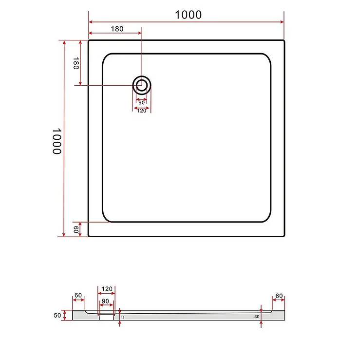 Glasdeals Duschtasse 50 mm Sanitäracryl 100 x 100 cm - 3902 -  - Technische Zeichnung einer 1000x1000mm flachen rechteckigen Duschwanne mit seitlichem Abfluss und Maßen.