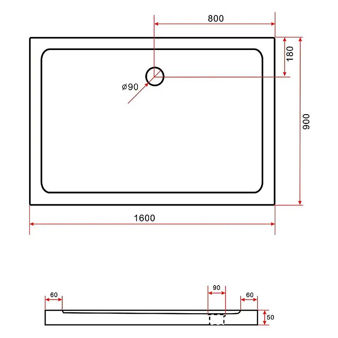 Glasdeals Duschtasse 50 mm Sanitäracryl 160 x 90 cm - 3936 -  - Technische Zeichnung einer rechteckigen Duschwanne, 1600x900x50 mm, mit Ø90 mm Ablauf. Draufsicht und Seitenansicht mit Maßen.