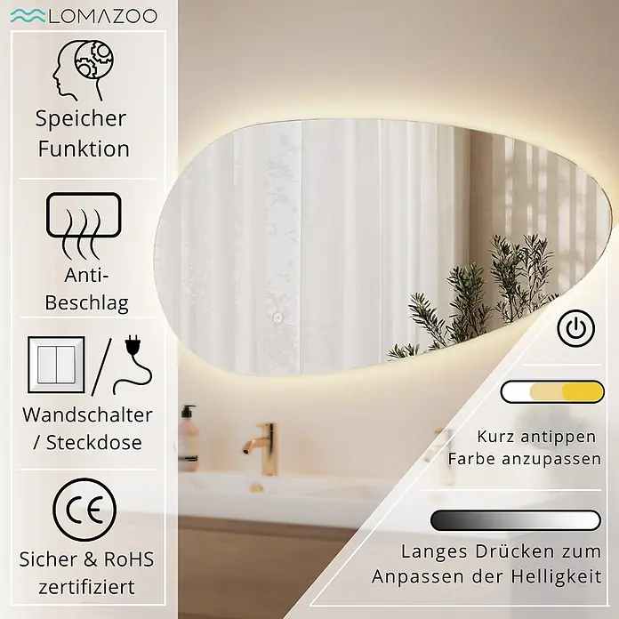 LOMAZOO LED-Badspiegel Adana asymmetrisch 80 x 40,6 cm -  - LOMAZOO beleuchteter ovaler Spiegel mit Speicherfunktion, Antibeschlag, einstellbarer Lichtfarbe und Helligkeit per Touch.