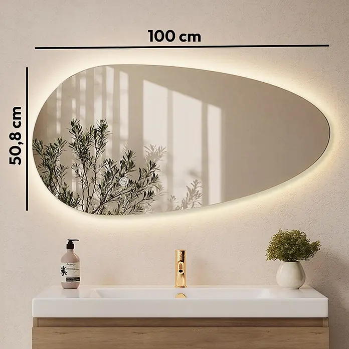 LOMAZOO LED-Badspiegel Adana asymmetrisch 100 x 50,8 cm -  - Unregelmäßiger LED-Spiegel mit Hintergrundbeleuchtung, 100x50,8 cm, montiert über einem modernen Badwaschbecken.