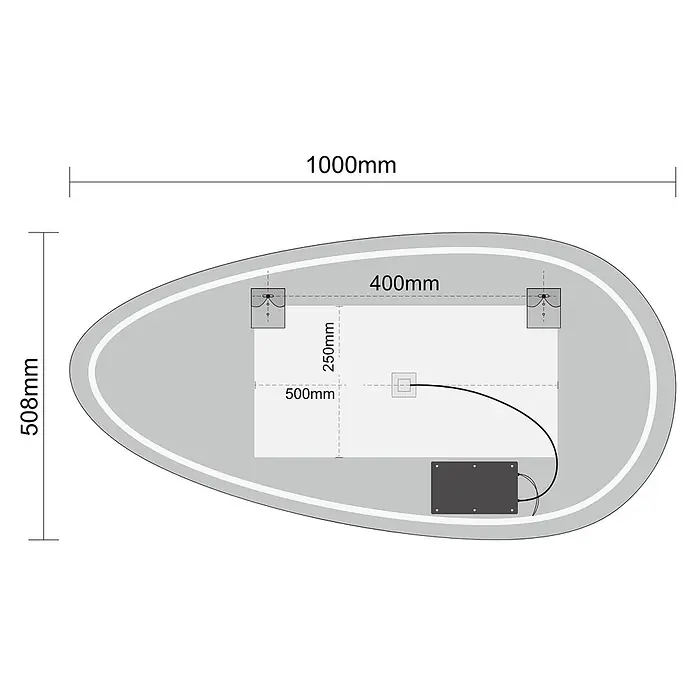 LOMAZOO LED-Badspiegel Adana asymmetrisch 100 x 50,8 cm -  - P-förmiger Spiegel, 1000x508mm, mit hinteren Montagehalterungen, Verkabelung und Elektrobox.
