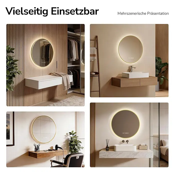 EMKE Lichtspiegel Glowrim OLM09 rund 80x80 cm, Gold, dimmbar -  - Runder LED-Spiegel mit Goldrahmen, in verschiedenen Umgebungen wie Ankleidezimmer und Bad gezeigt, was seine vielseitige Nutzung hervorhebt.