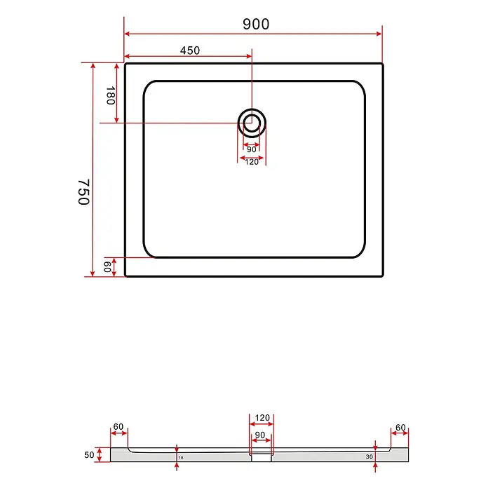 Glasdeals Duschtasse 50 mm Sanitäracryl 90 x 75 cm - 3903 -  - Technische Zeichnung einer rechteckigen Duschwanne mit Abmessungen: 900x750mm, Höhe 50mm, und 90mm Ablauf.