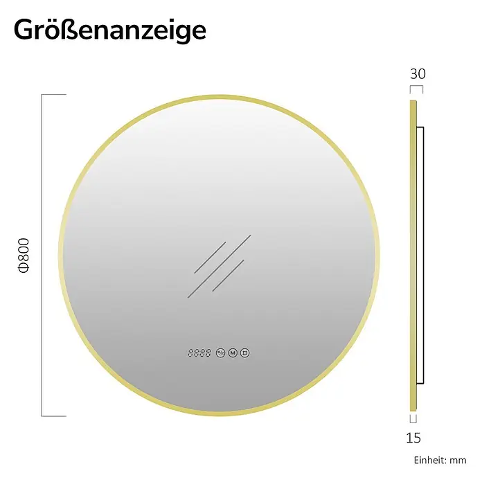 EMKE Lichtspiegel Glowrim OLM09 rund 80x80 cm, Gold, dimmbar -  - Runder Spiegel mit goldenem Rahmen und Digitalanzeige. Durchmesser 800mm, Tiefe 30mm.