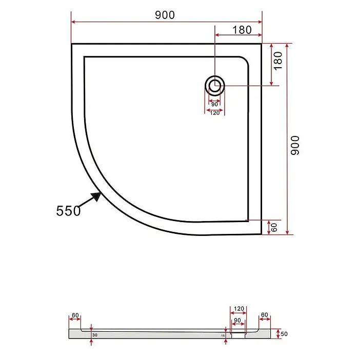 Glasdeals Duschtasse 50 mm Sanitäracryl 90 x 90 cm Viertelkreis - 3908 -  - Technische Zeichnung einer weißen Viertelkreis-Duschwanne, 900x900 mm, mit 90mm Ablauf.