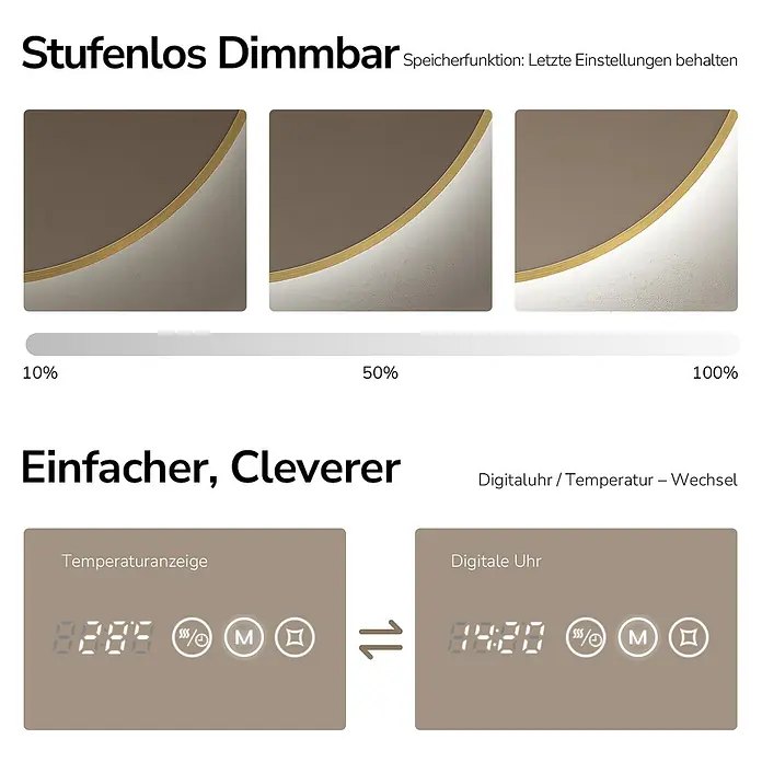 EMKE Lichtspiegel Glowrim OLM09 rund 80x80 cm, Gold, dimmbar -  - Stufenlos dimmbares Licht (10-100%) mit Speicherfunktion. Digitale Anzeige für Uhrzeit oder Temperatur.