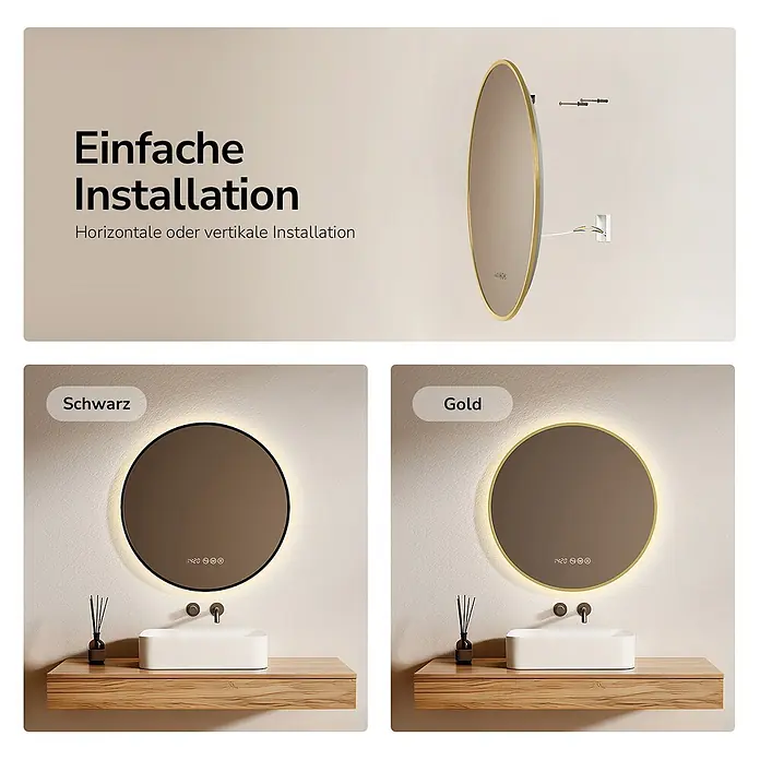 EMKE Lichtspiegel Glowrim OLM09 rund 80x80 cm, Gold, dimmbar -  - Runder LED-Spiegel mit Hintergrundbeleuchtung, erhältlich mit schwarzem oder goldenem Rahmen, zur einfachen horizontalen oder vertikalen Montage.