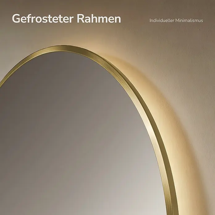 EMKE Lichtspiegel Glowrim OLM09 rund 80x80 cm, Gold, dimmbar -  - Runder Spiegel mit mattgoldenem Rahmen und warmer Hintergrundbeleuchtung an der Wand.