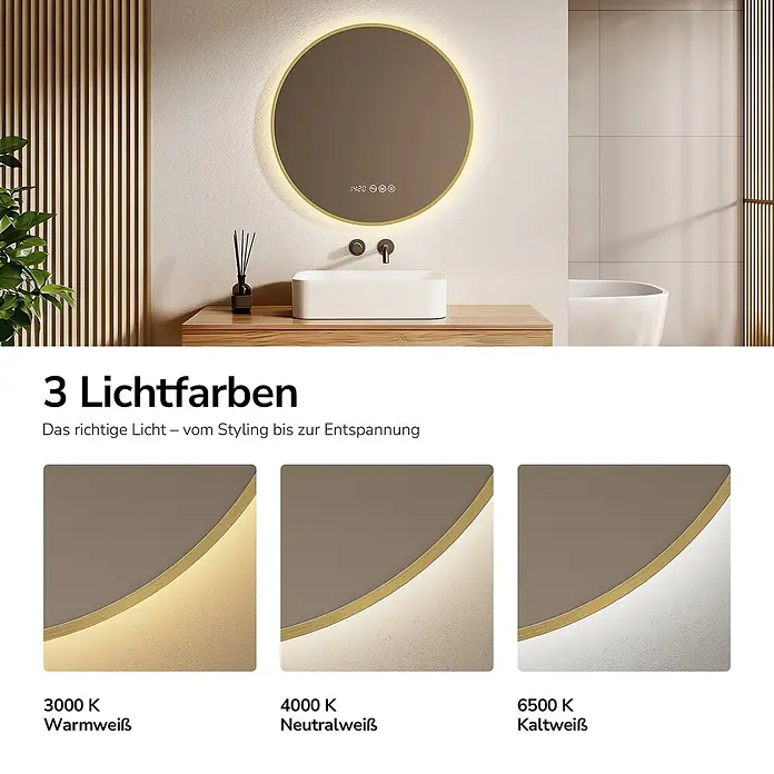 EMKE Lichtspiegel Glowrim OLM09 rund 80x80 cm, Gold, dimmbar -  - Runder LED-Spiegel mit Goldrahmen im Bad, drei Lichtfarben: Warmweiß, Neutralweiß, Kaltweiß.