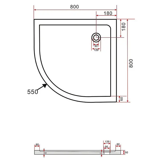Glasdeals Duschtasse 50 mm Sanitäracryl 80 x 80 cm Viertelkreis - 3909 -  - Technische Zeichnung einer Viertelkreis-Duschwanne, 800x800mm, mit 550mm Radius. Mit mittigem Ablauf und 60mm Höhe, im Seitenprofil dargestellt.