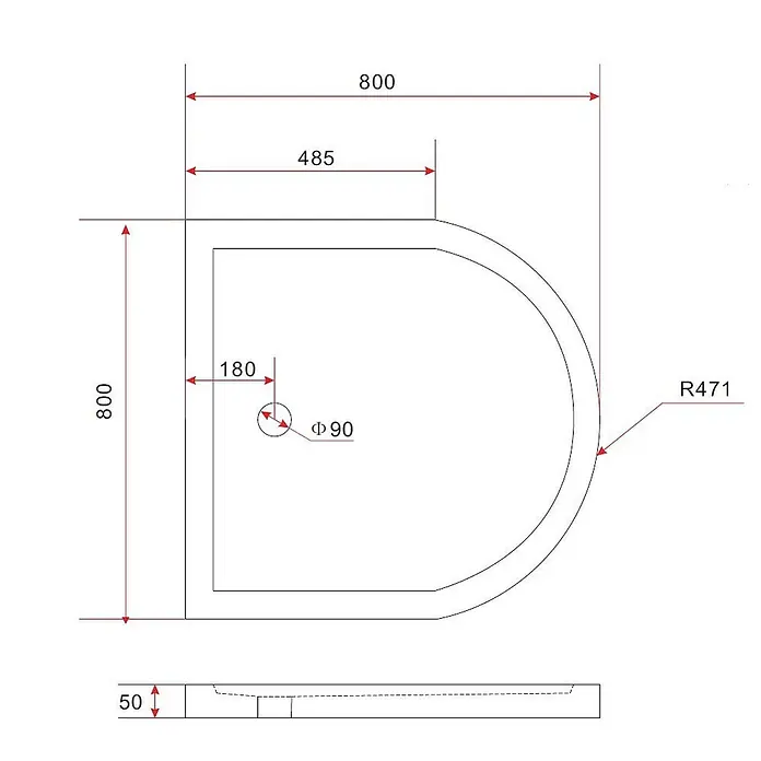 Glasdeals Duschtasse Solus Halbkreis 80 x 80 cm 50 mm - 3930 -  - D-förmige Duschwanne, 800x800mm, Radius R471, Höhe 50mm, Ablauf Ø90mm.