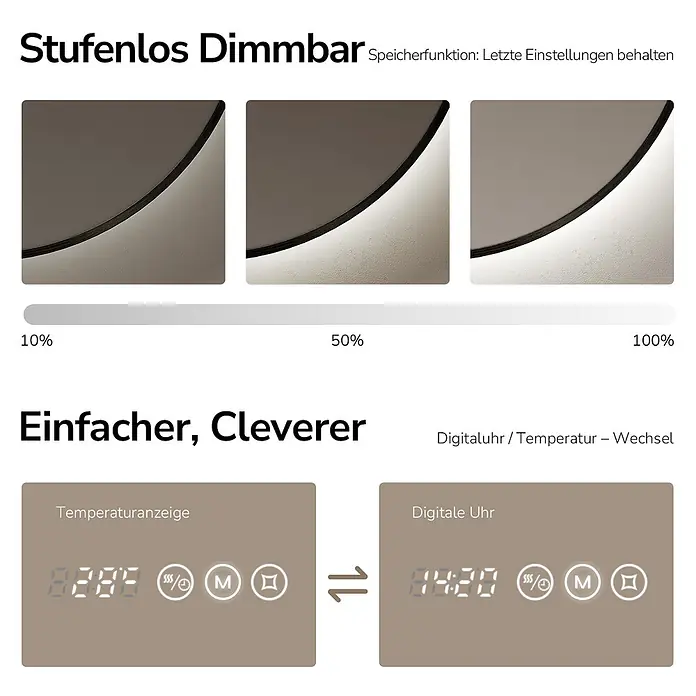 EMKE Lichtspiegel Glowrim OLM09 rund 70x70 cm, Schwarz, dimmbar -  - Stufenlos dimmbarer Spiegel/Panel mit digitaler Anzeige für Temperatur oder Uhrzeit (14:20) und Speicherfunktion.