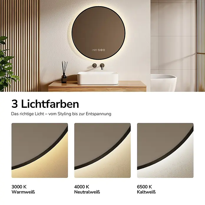 EMKE Lichtspiegel Glowrim OLM09 rund 60x60 cm, Schwarz, dimmbar -  - Runder LED-Spiegel mit schwarzem Rahmen und wählbaren Lichtfarben (warm, neutral, kaltweiß) für Styling oder Entspannung im modernen Bad.