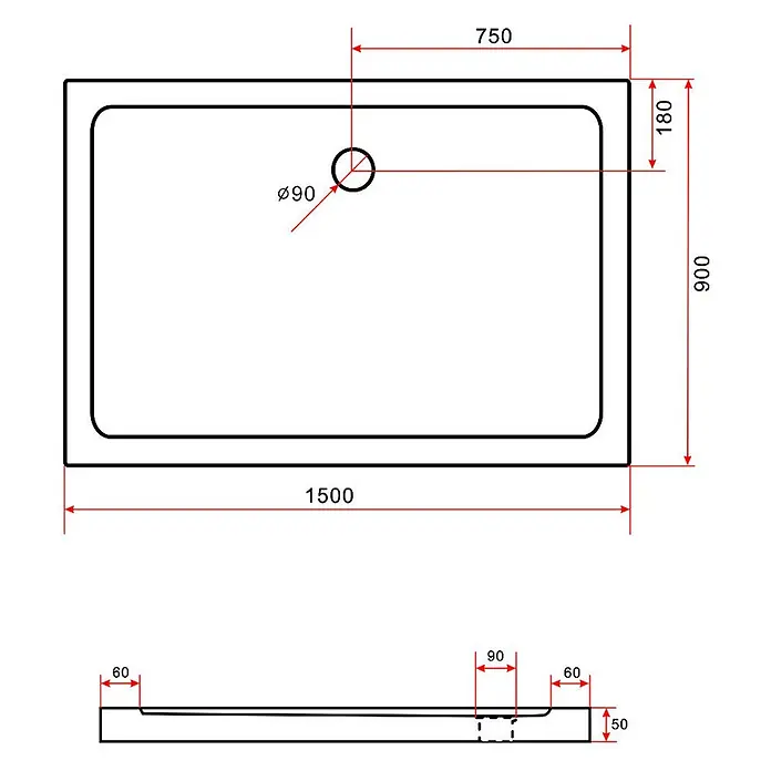 Glasdeals Duschtasse 50 mm Sanitäracryl 150 x 90 cm - 3935 -  - Technische Zeichnung einer rechteckigen Duschwanne, mit Draufsicht und Seitenansicht inklusive Maßen und Ablauflochposition.