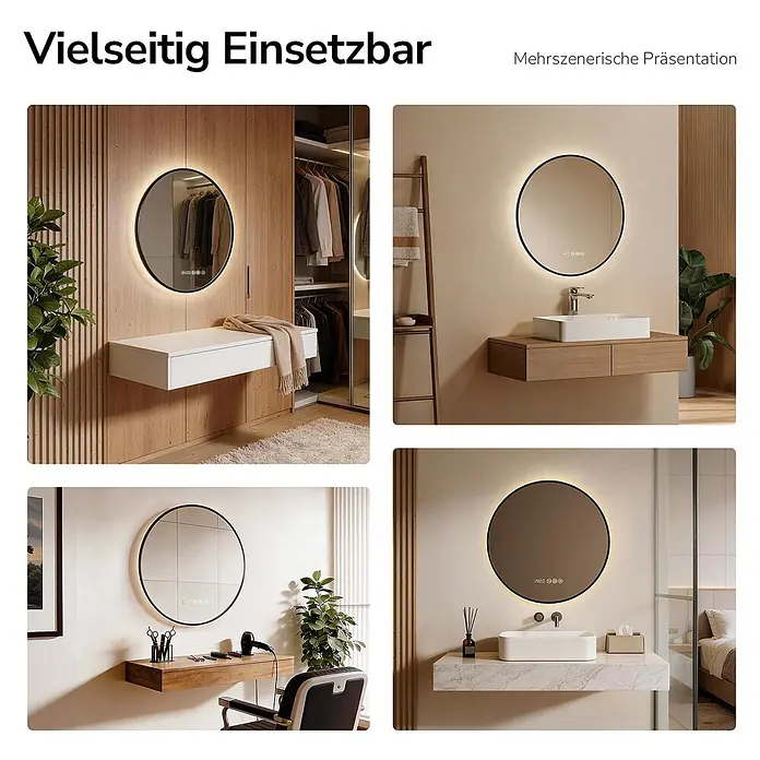 EMKE Lichtspiegel Glowrim OLM09 rund 70x70 cm, Schwarz, dimmbar -  - Runder LED-Spiegel mit schwarzem Rahmen, Hintergrundbeleuchtung und Touch-Steuerung, vielseitig in verschiedenen Räumen einsetzbar.