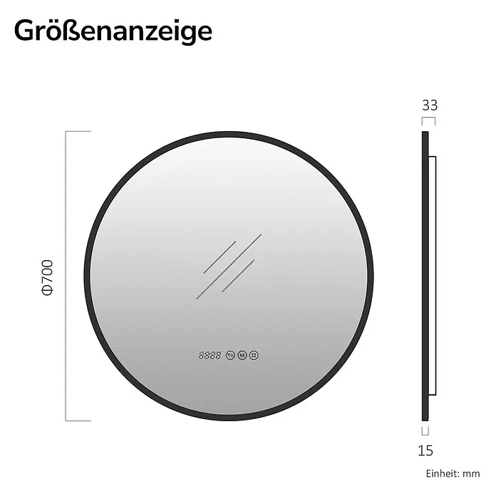 EMKE Lichtspiegel Glowrim OLM09 rund 70x70 cm, Schwarz, dimmbar -  - Runder Spiegel mit schwarzem Rahmen, digitaler Anzeige und Touch-Bedienelementen. Maße: Ø700mm Durchmesser, 33mm Tiefe.