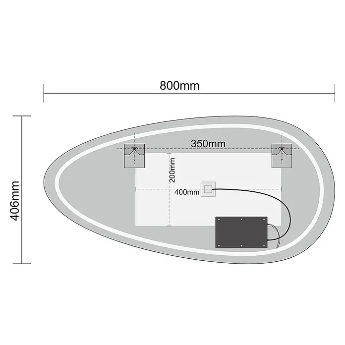 LOMAZOO LED-Badspiegel Adana asymmetrisch 80 x 40,6 cm -  - Technische Zeichnung eines ovalen Spiegels (800x406mm) mit Befestigungspunkten und Elektrobox-Positionen.