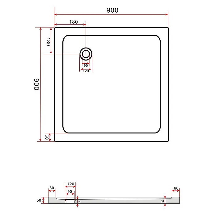 Glasdeals Duschtasse 50 mm Sanitäracryl 90 x 90 cm - 3901 -  - Technische Zeichnung einer quadratischen Duschwanne (900x900 mm) mit zentralem Abfluss und detaillierten Maßen.