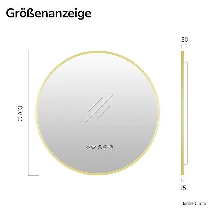 EMKE Lichtspiegel Glowrim OLM09 rund 70x70 cm, Gold, dimmbar -  - Goldgerahmter runder, beleuchteter Spiegel mit digitaler Uhr, Touch-Steuerung. Maße: Ø700mm.