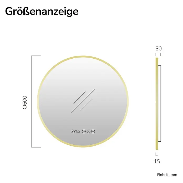 EMKE Lichtspiegel Glowrim OLM09 rund 60x60 cm, Gold, dimmbar -  - Rundspiegel mit Goldrahmen, integrierter Digitaluhr und Bedienelementen. Durchmesser 600mm, Gesamtdicke 30mm.