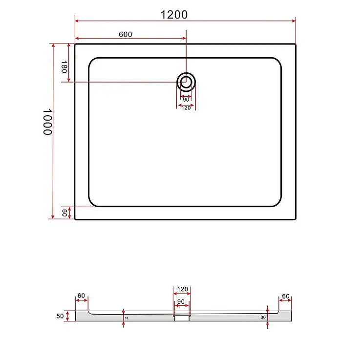Glasdeals Duschtasse 50 mm Sanitäracryl 120 x 100 cm - 3916 -  - Technische Zeichnung einer rechteckigen Duschwanne mit Hauptabmessungen 1200x1000mm, Abfluss und Seitenprofil.