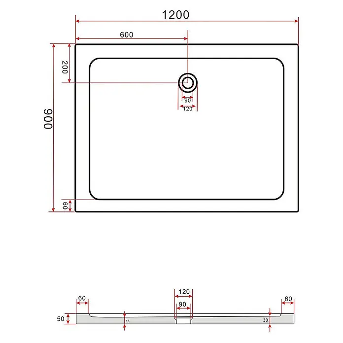 Glasdeals Duschtasse 50 mm Sanitäracryl 120 x 90 cm - 3905 -  - Technische Zeichnung einer rechteckigen Duschwanne, 1200x900mm, 50mm hoch, mit 90mm Ablaufloch, 600mm von einem Ende und 200mm von einer Seite.