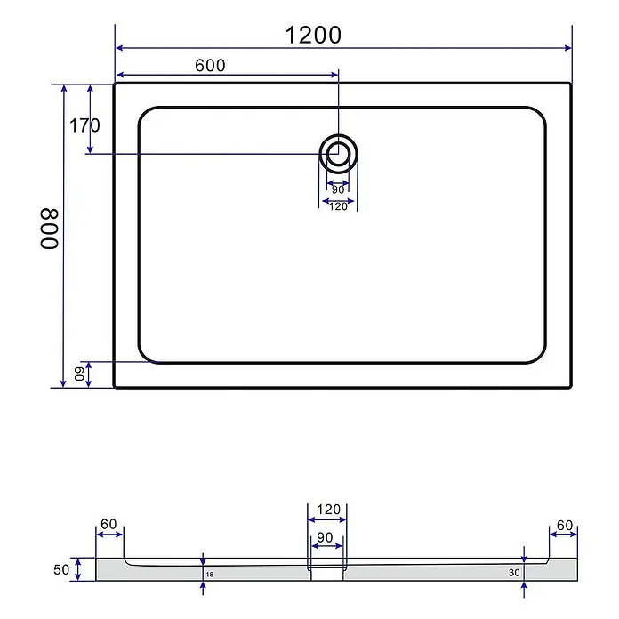 Glasdeals Duschtasse 50 mm Sanitäracryl 120 x 80 cm - 3906 -  - Technische Zeichnung einer rechteckigen Duschwanne, 1200x800mm, mit zentralem Abfluss und Maßen.