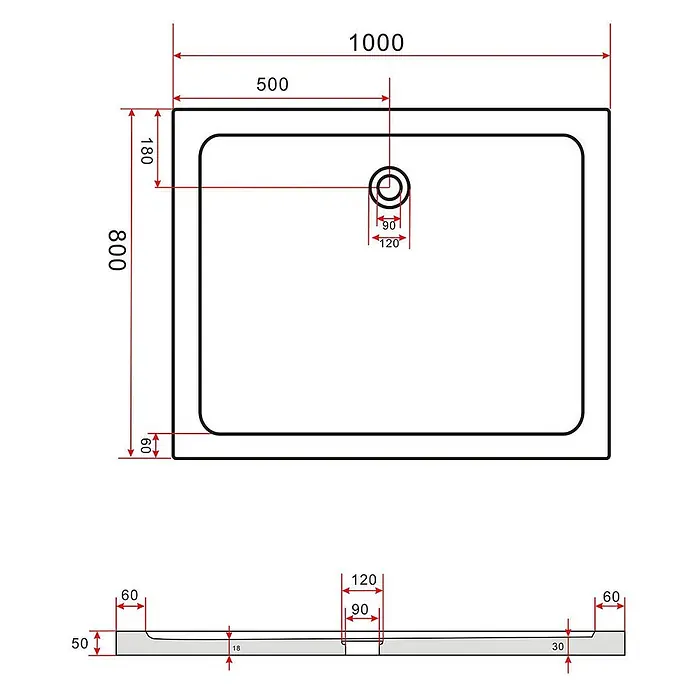 Glasdeals Duschtasse 50 mm Sanitäracryl 100 x 80 cm - 3904 -  - Technische Zeichnung einer rechteckigen Duschwanne, 1000x800 mm, mit mittigem Abfluss.