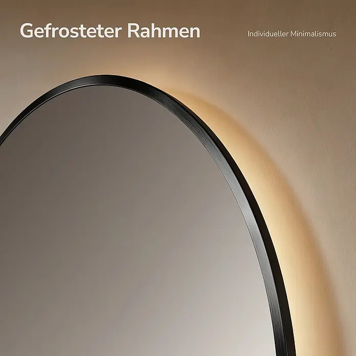EMKE Lichtspiegel Glowrim OLM09 rund 60x60 cm, Schwarz, dimmbar -  - Runder Spiegel mit gefrostetem schwarzem Rahmen und Hintergrundbeleuchtung, an einer beigefarbenen Wand.