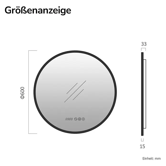 EMKE Lichtspiegel Glowrim OLM09 rund 60x60 cm, Schwarz, dimmbar -  - Runder Spiegel mit schwarzem Rahmen, zeigt Abmessungen: 600mm Durchmesser, 15mm Dicke, 33mm Projektion. Inklusive Digitaluhr und Temperaturanzeige.