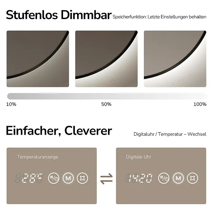 EMKE Lichtspiegel Glowrim OLM09 rund 60x60 cm, Schwarz, dimmbar -  - Dimmbarer LED-Spiegel mit Speicherfunktion, zeigt Helligkeitsstufen (10-100%) und Smart-Anzeige für Temperatur und Uhrzeit.
