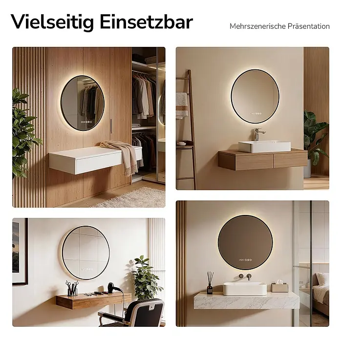 EMKE Lichtspiegel Glowrim OLM09 rund 60x60 cm, Schwarz, dimmbar -  - Vielseitiger runder LED-Spiegel mit schwarzem Rahmen und Touch-Bedienung, gezeigt in verschiedenen Anwendungen.