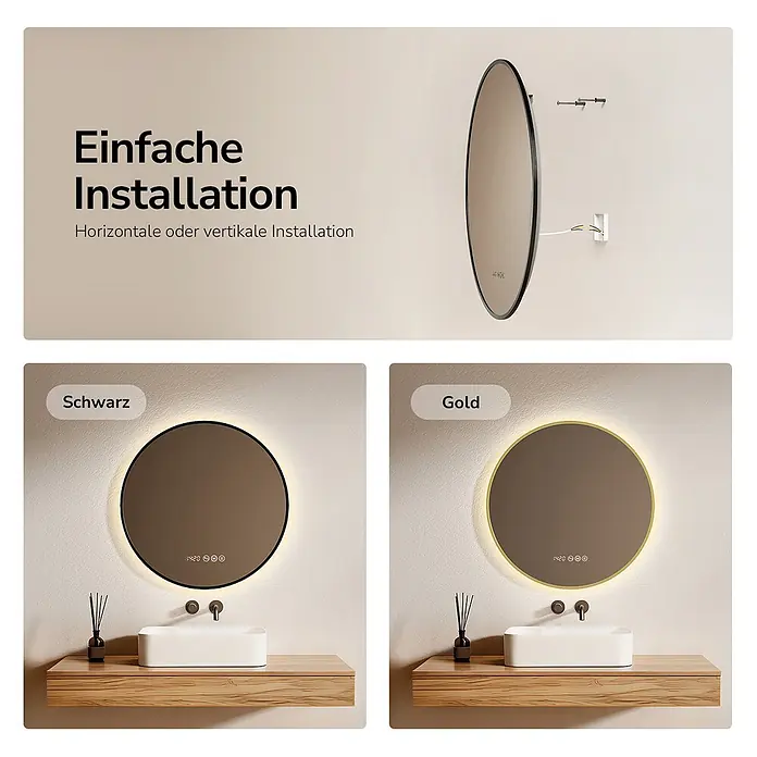 EMKE Lichtspiegel Glowrim OLM09 rund 60x60 cm, Schwarz, dimmbar -  - Runder LED-beleuchteter Spiegel mit schwarzem und goldenem Rahmen, über einem Waschbecken montiert. Einfache horizontale oder vertikale Installation.
