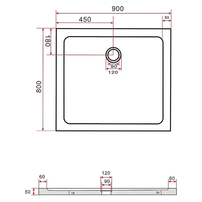 Glasdeals Duschtasse 50 mm Sanitäracryl 80 x 90 cm - 3914 -  - Detaillierte technische Zeichnung einer rechteckigen Duschwanne (900x800x50mm) mit versetztem 90mm Ablauf.